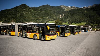 Cinque autobus gialli della Posta svizzera sono parcheggiati in fila in un'area circondata da colline verdi e montagne rocciose sotto un cielo azzurro.