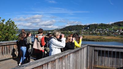 © Petra Zajec Un groupe de personnes sur une tour d’observation observe les alentours avec des jumelles.