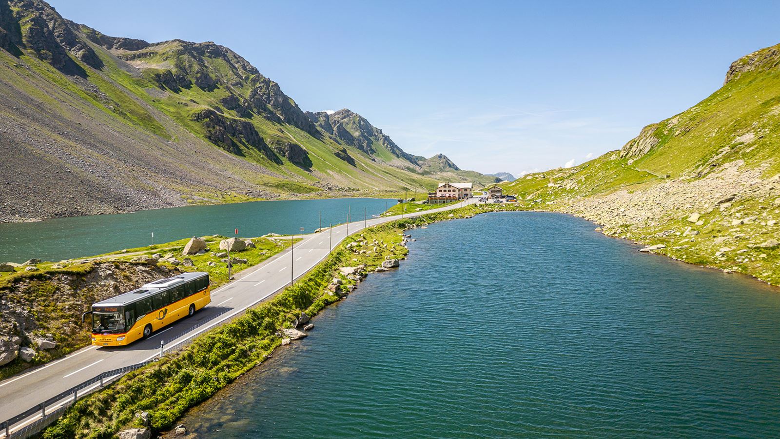 The Postbus travels on the Flüelapass.