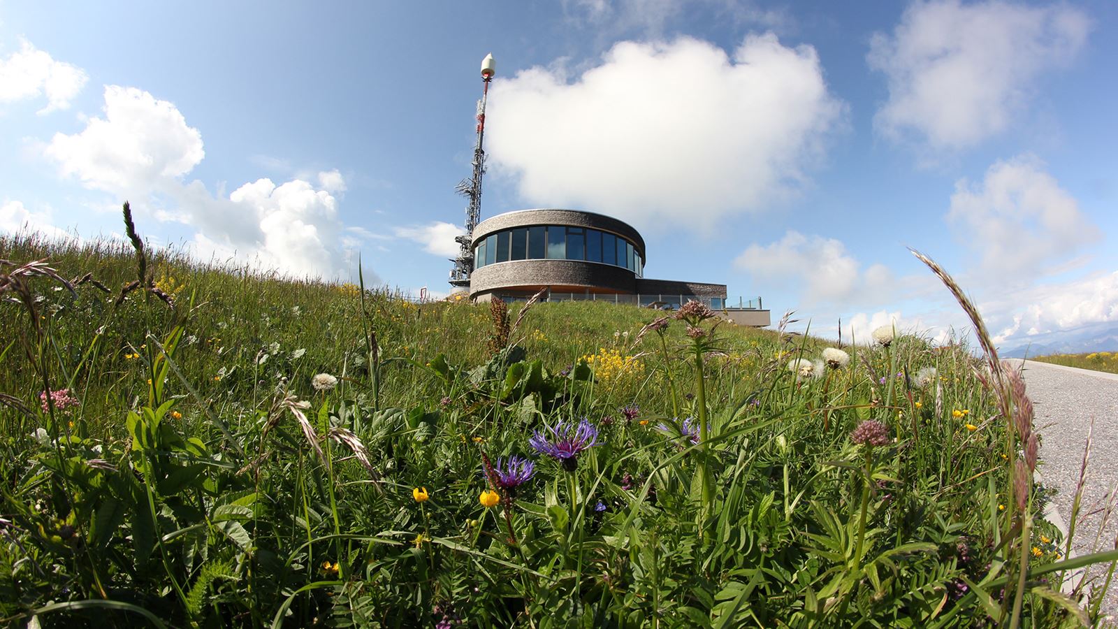 Das Drehrestaurant auf dem Hohen Kasten mit einer Blumenwiese im Vordergrund.