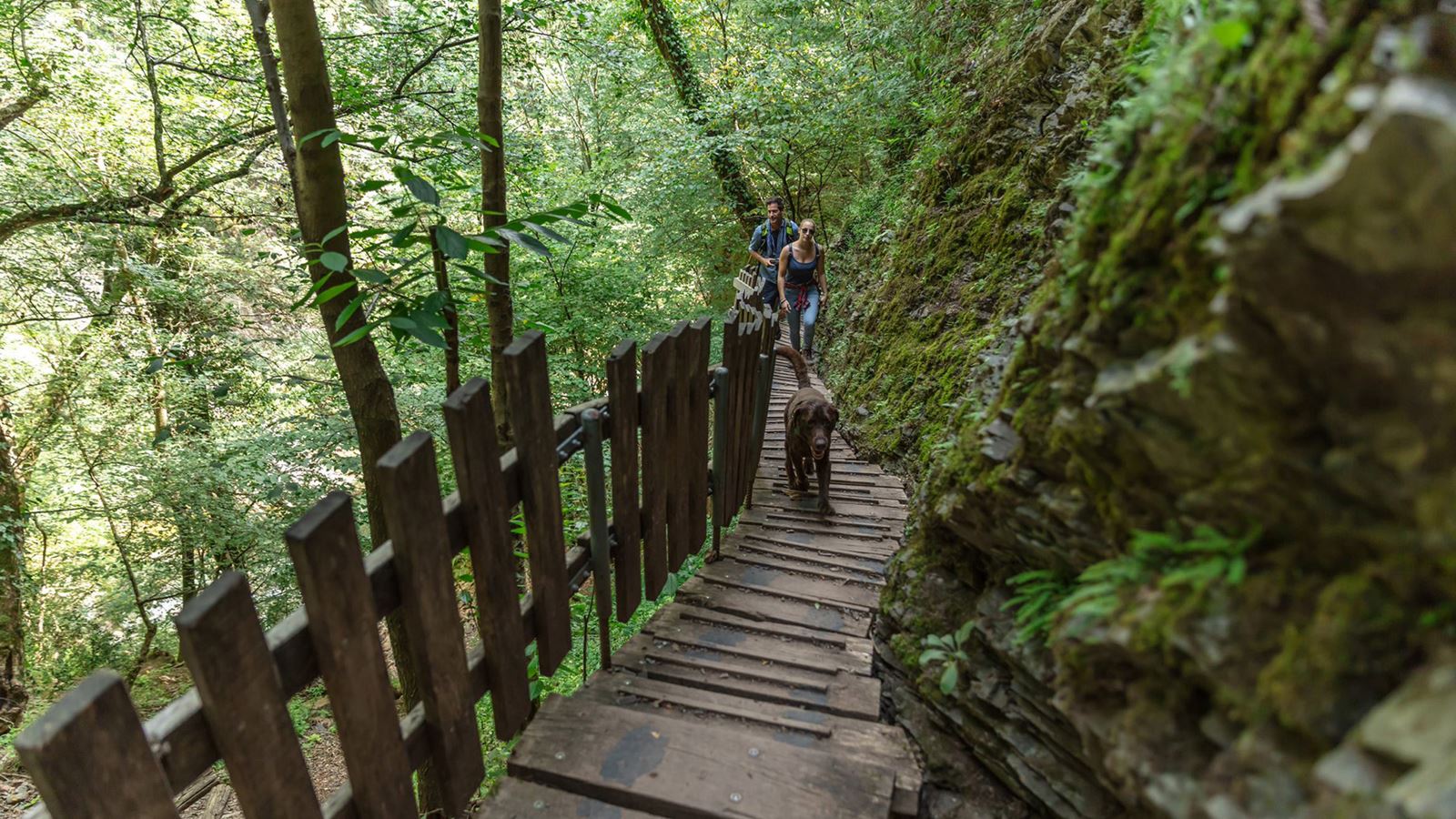 Two people walk along a path in the Breggia Gorge Park. © Ticino Turismo, Alessio Pizzicannella