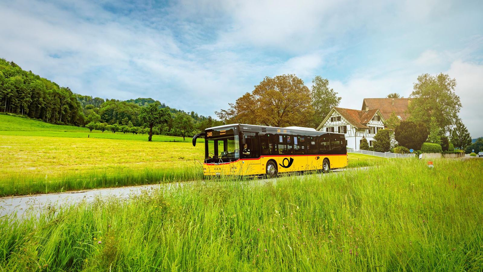 A Postbus on the road in the summer, rural ZVV region