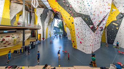Diverse Personen stehen und Klettern im Kletterzentrum Griffig in Uster.